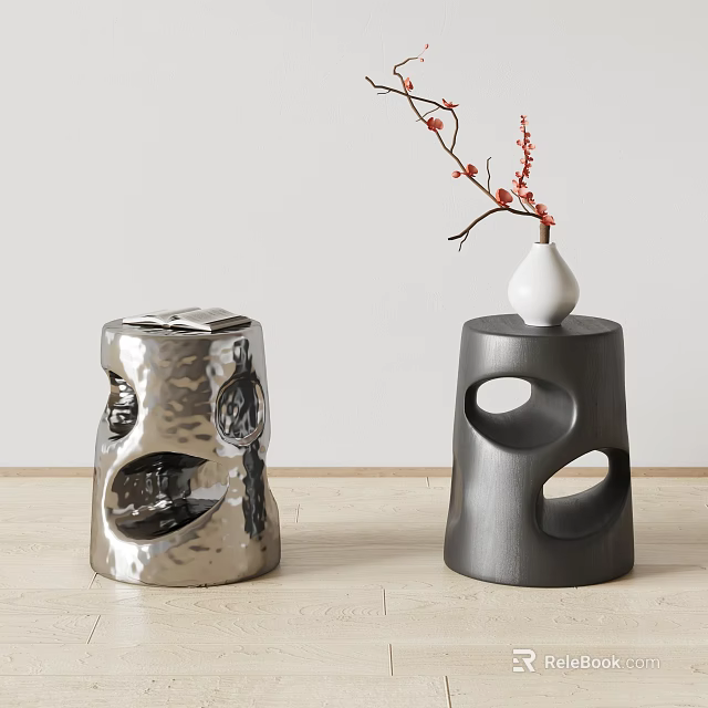 Silver Hammered and Dark Grey Stump Shaped Side Tables with Cutouts and White Vase 3d model 