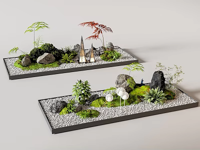 Two Rectangular Indoor Landscapes With Green Plants Stones And Small Decorations 3d model