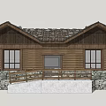 Wooden House Exterior With Stone Walls Roof Windows And Entry Railing
