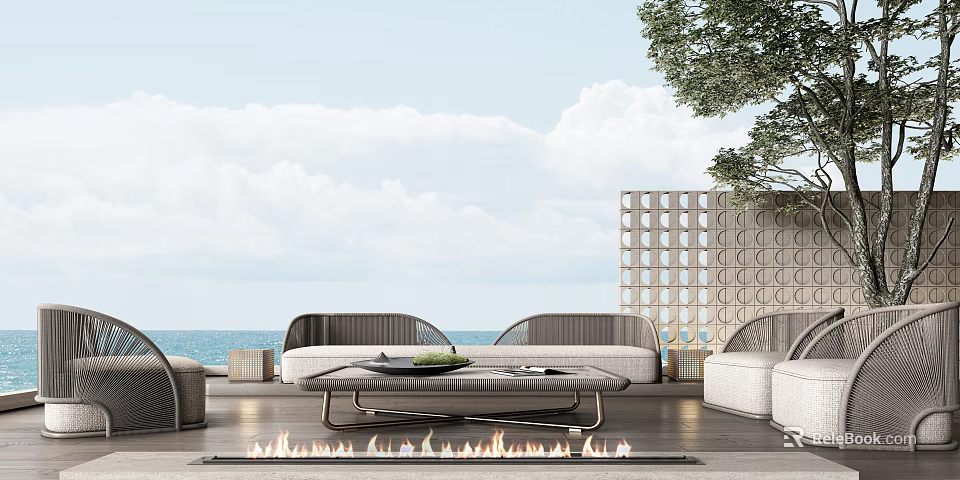 Modern Outdoor Sofa With Ocean View Fire Pit Perforated Screen And Coffee Table 3d model 