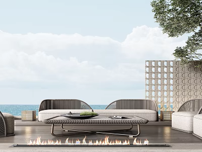 Modern Outdoor Sofa With Ocean View Fire Pit Perforated Screen And Coffee Table 3d model