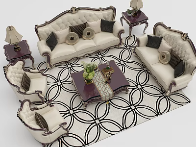 Ornate Sofa Coffee Table Set With Classic Armchairs Throw Pillows Side Tables And Geometric Rug 3d model