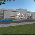 Modern Office Building with Glass Facade Green Lawn Trees Blue Car and People Walking