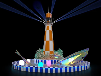 Orange And White Lighthouse With Blue White Striped Base And Colorful Spheres 3d model