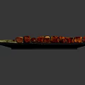 Three Roasted Pork Belly Skewers On Black Slate Plate With Glossy Surface
