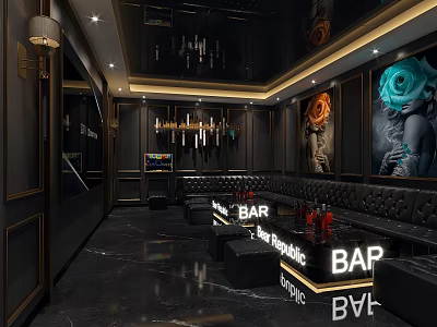 Luxury KTV Lounge Interior With Modern Bar Seating And Art Decor Lights 3d model