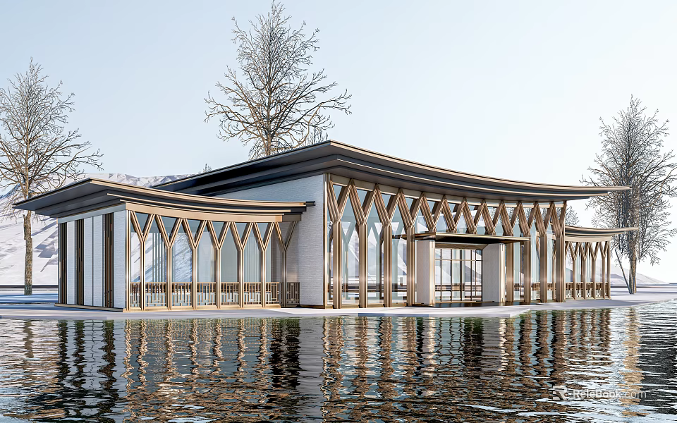 Tourist Center Modern Architectural Design With Waterfront Wooden Frame Curved Roof And Water Reflection 3d model 