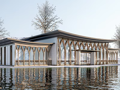 Tourist Center Modern Architectural Design With Waterfront Wooden Frame Curved Roof And Water Reflection 3d model