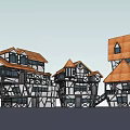 Medieval Half Timbered Building Exterior With Gabled Roofs And Wooden Frames