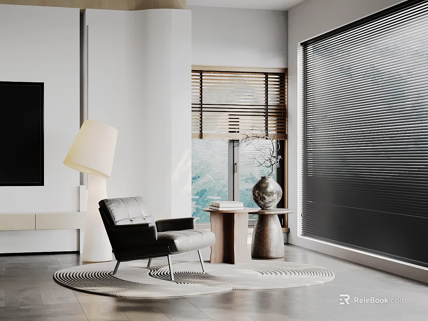 Modern Black Lounge Chair In Living Room With Floor Lamp Side Table And Window Blinds 3d model 