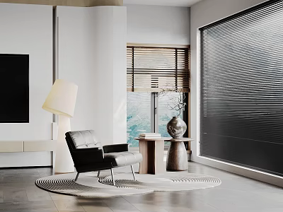 Modern Black Lounge Chair In Living Room With Floor Lamp Side Table And Window Blinds 3d model