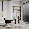 Modern Black Lounge Chair In Living Room With Floor Lamp Side Table And Window Blinds