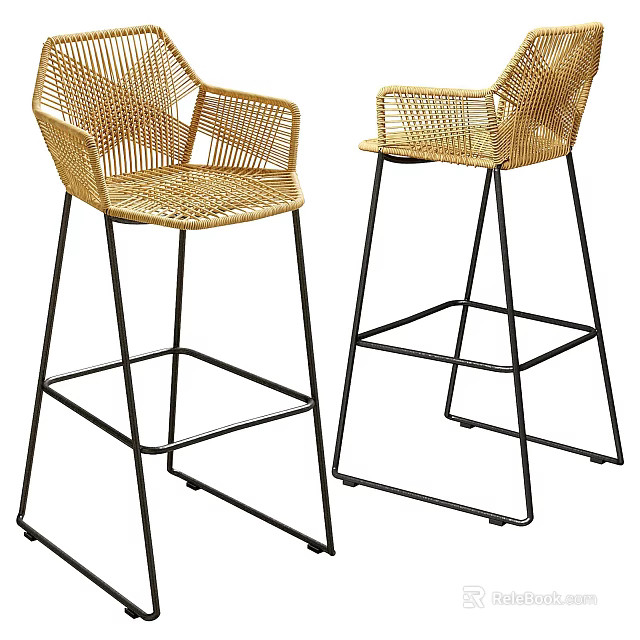 Modern Rattan Bar Stools With Comfortable Seats And Black Metal Frames 3d model 