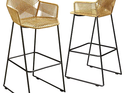 Modern Rattan Bar Stools With Comfortable Seats And Black Metal Frames 3d model