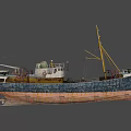 Weathered Ship With Blue And Brown Hull Mast And Deck Equipment