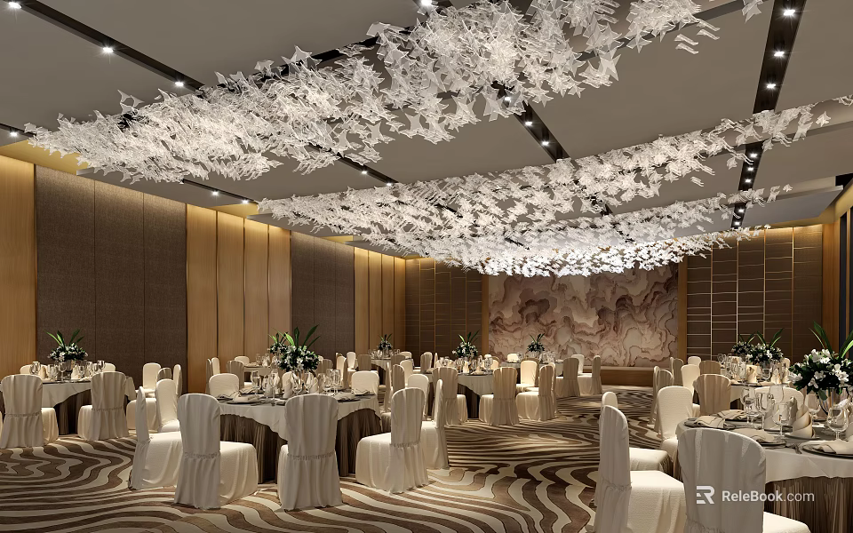 Elegant Banquet Hall Interior With White Floral Ceiling Decorations Wooden Panel Walls And Large Mural 3d model 