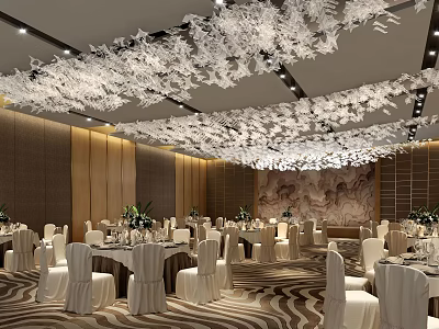 Elegant Banquet Hall Interior With White Floral Ceiling Decorations Wooden Panel Walls And Large Mural 3d model