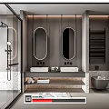 Modern Bathroom Interior With Double Mirrors Double Vanity Glass Shower Stone Countertop Gray Rug