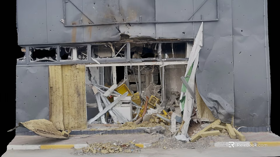 Damaged Building Exterior With Broken Windows Collapsed Structure And Scattered Debris 3d model 