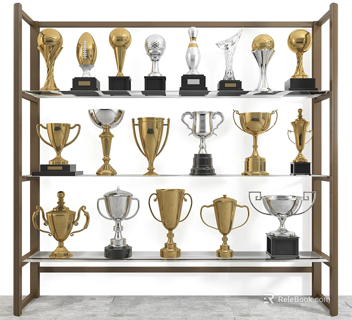 Various Gold And Silver Trophies With Decorative Designs Displayed On Shelf 3d model 