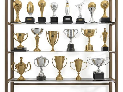 Various Gold And Silver Trophies With Decorative Designs Displayed On Shelf 3d model