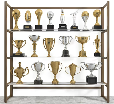 Various Gold And Silver Trophies With Decorative Designs Displayed On Shelf 3d model