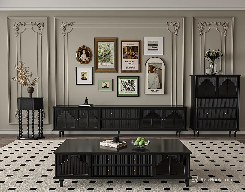 Modern Luxury Living Room Black TV Stand With Decorative Paintings Rug And Green Plants 3d model 
