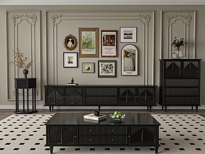 Modern Luxury Living Room Black TV Stand With Decorative Paintings Rug And Green Plants 3d model