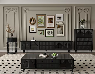 Modern Luxury Living Room Black TV Stand With Decorative Paintings Rug And Green Plants 3d model