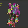 Game Anime Character in Purple Jacket with Red Letter Surrounded by Yellow Big Eyed Creatures