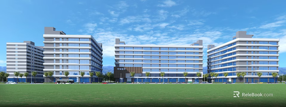Modern Multi Storey Industrial Factory Building With Glass Curtain Walls Green Lawn And Trees 3d model 