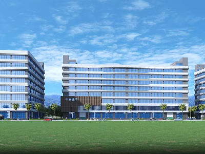 Modern Multi Storey Industrial Factory Building With Glass Curtain Walls Green Lawn And Trees 3d model