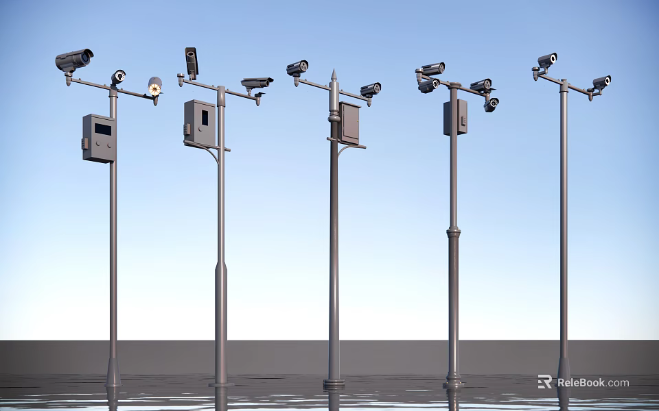 Projection Monitoring System With Surveillance Cameras On Poles And Control Boxes 3d model 
