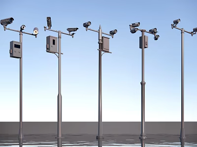 Projection Monitoring System With Surveillance Cameras On Poles And Control Boxes 3d model