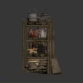 Traditional Wooden Storage Rack With Vintage Kettles Pots Jars And Firewood