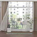 Sheer Curtains With Beige Drapes In Window Space With Potted Plant And Decorative Ornament