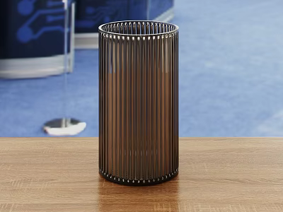 Modern Metal Cylindrical Vase With Vertical Stripes On Wooden Tabletop Blue Background 3d model