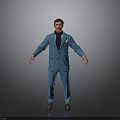 Man in Blue Suit Standing with Arms Outstretched Against Grey Background