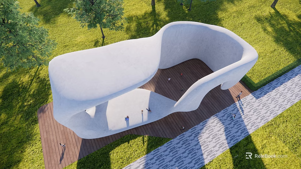 Modern Outdoor Children's Play Area With Curved White Structure Green Grass And Wooden Floor 3d model 