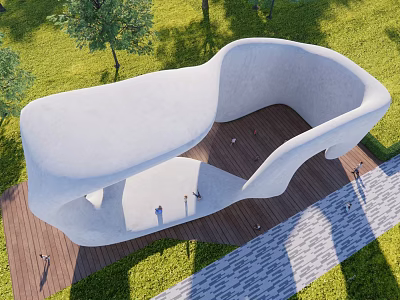 Modern Outdoor Children's Play Area With Curved White Structure Green Grass And Wooden Floor 3d model