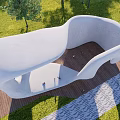 Modern Outdoor Children's Play Area With Curved White Structure Green Grass And Wooden Floor