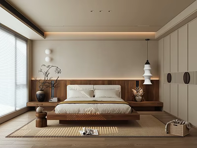 Modern Bedroom Interior With Wooden Headboard Large Bed Beige Walls And Floor To Ceiling Windows 3d model