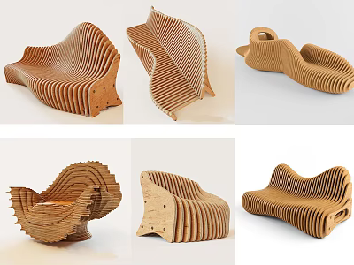 Wooden Public Chair With Wavy Layered Design For Modern Public Spaces 3d model