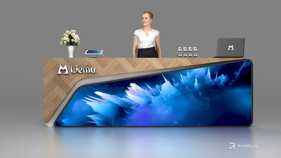 Modern Miemu Reception Desk with Blue Abstract Pattern Surface Wooden Panel Vase and Laptop 3d model 