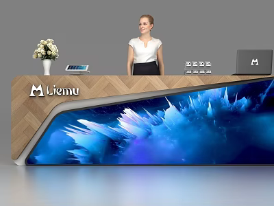 Modern Miemu Reception Desk with Blue Abstract Pattern Surface Wooden Panel Vase and Laptop 3d model