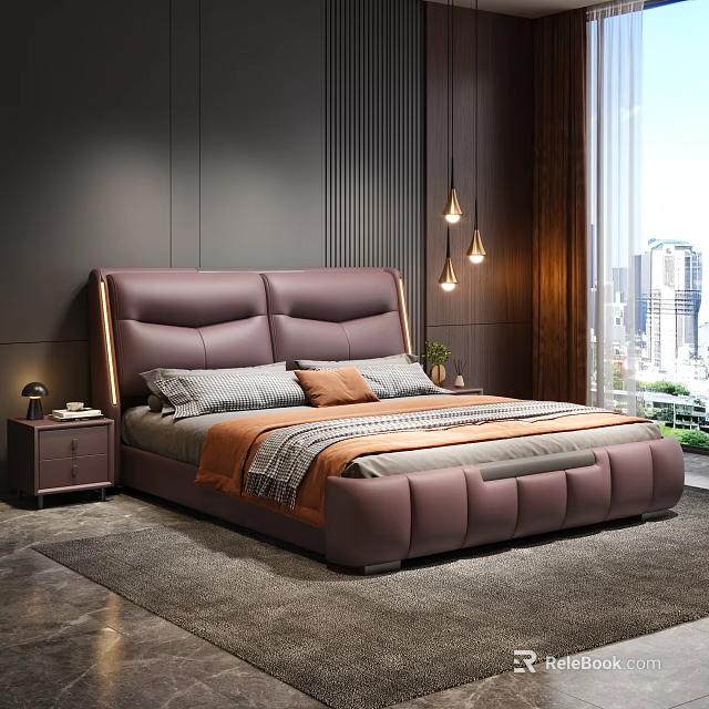 Modern Elegant Bedroom With Leather Headboard Pendant Lights And City View 3d model 