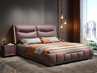 Modern Elegant Bedroom With Leather Headboard Pendant Lights And City View 3d model