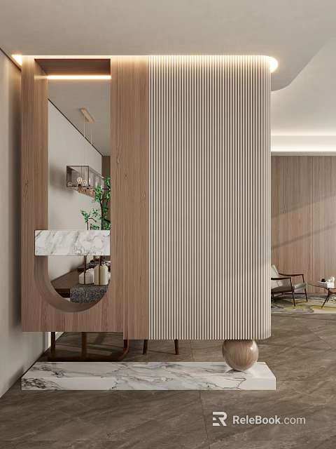 Modern Entryway Hallway With Wooden Slat Panels Circular Mirror And Marble Countertop 3d model 