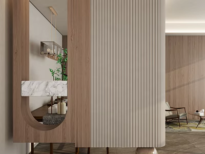 Modern Entryway Hallway With Wooden Slat Panels Circular Mirror And Marble Countertop 3d model