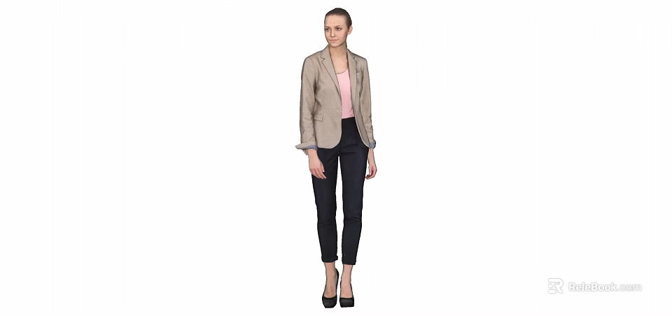 Woman Wearing Beige Blazer With Pink Top Black Pants And Black High Heels 3d model 